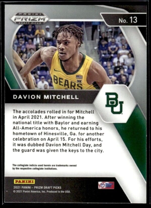 _10 2021 Panini Prizm Draft Picks Baylor Bears #13 Davion Mitchell RC Rookie