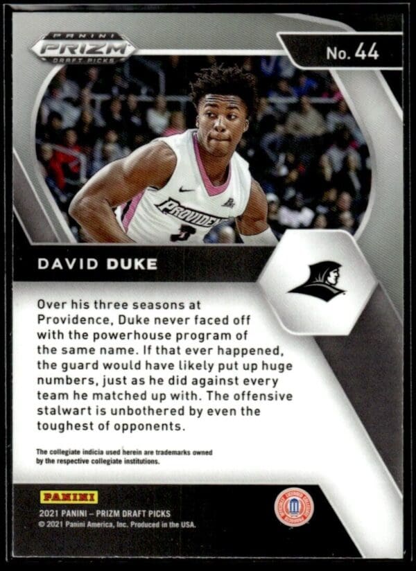 _10 2021 Panini Prizm Draft Picks Providence Friars #44 David Duke Jr. RC Rookie