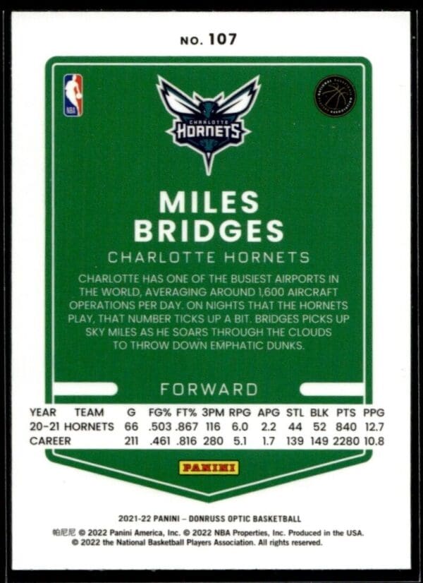 2021 Donruss Optic Charlotte Hornets #107 Miles Bridges