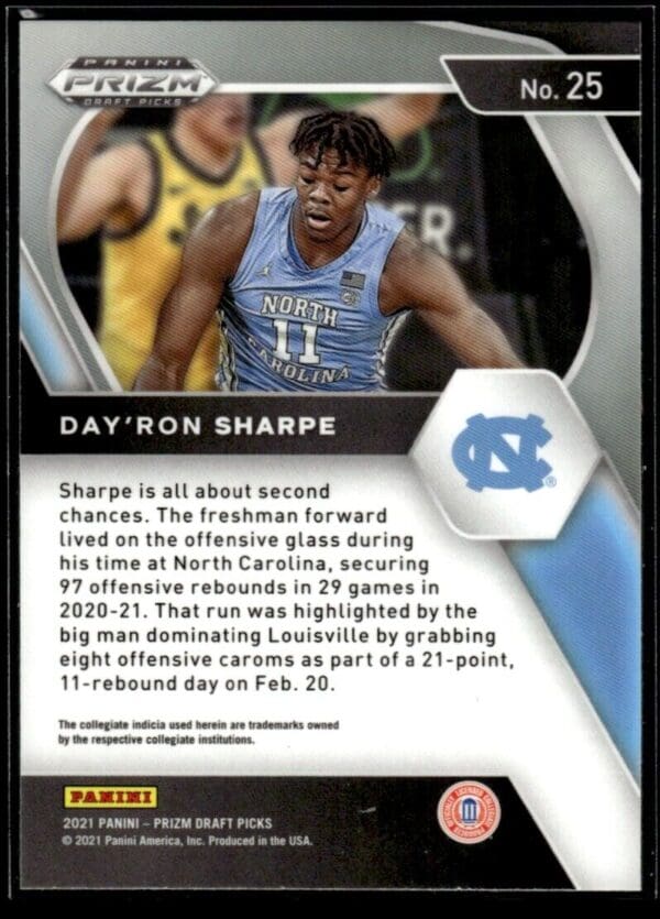 2021 Panini Prizm Draft Picks North Carolina Tar Heels #25 Day'Ron Sharpe RC