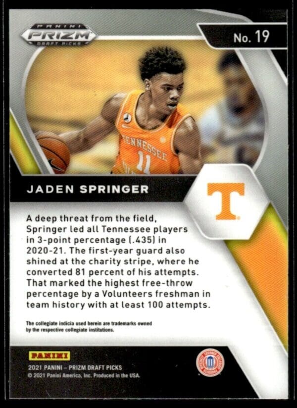 _10 2021 Panini Prizm Draft Picks Tennessee Volunteers #19 Jaden Springer RC Rookie
