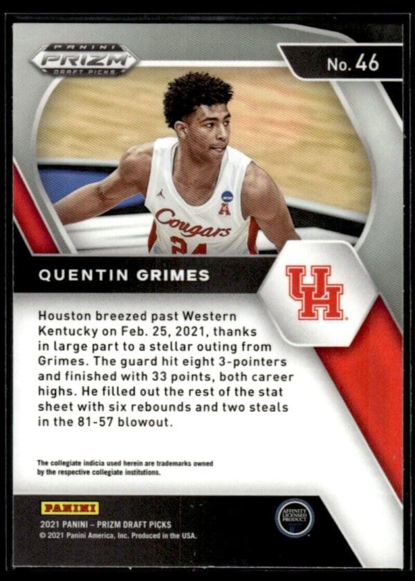 2021 Panini Prizm Draft Picks Houston Cougars #46 Quentin Grimes RC Rookie