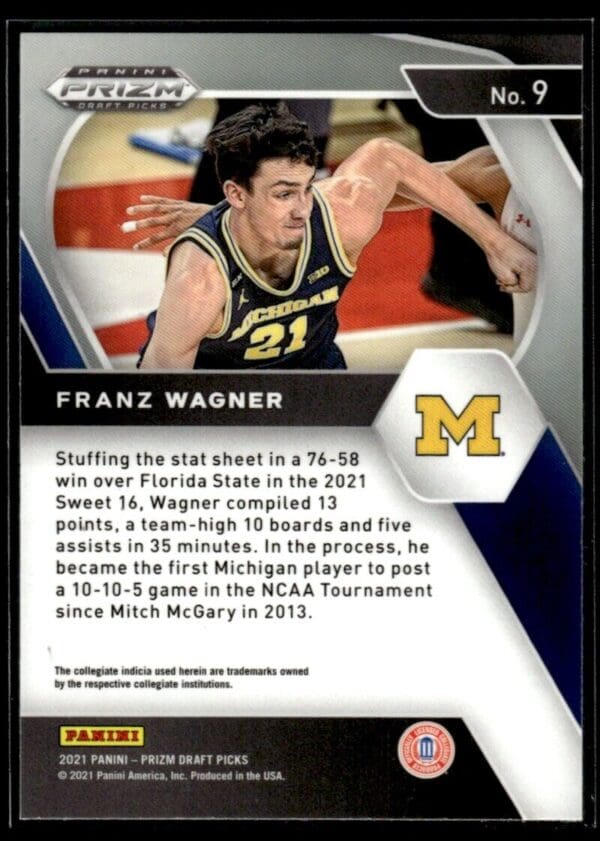 _10 2021 Panini Prizm Draft Picks Michigan Wolverines #9 Franz Wagner RC Rookie