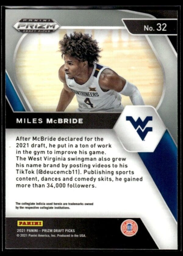 _10 2021 Prizm Draft Picks West Virginia Mountaineers #32 Miles McBride RC