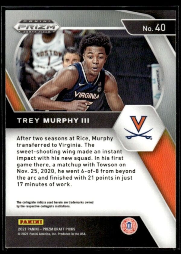 2021 Panini Prizm Draft Picks Virginia Cavaliers #40 Trey Murphy III RC Rookie