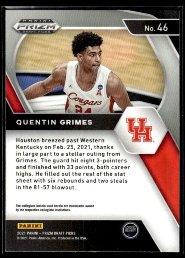 2021 Panini Prizm Draft Picks Houston Cougars #46 Quentin Grimes RC Rookie