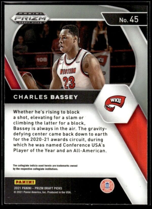 _10 2021 Prizm Draft Picks Western Kentucky Hilltoppers #45 Charles Bassey RC