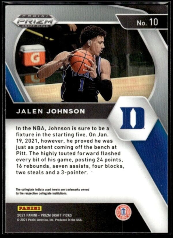 2021 Panini Prizm Draft Picks Duke Blue Devils #10 Jalen Johnson RC Rookie