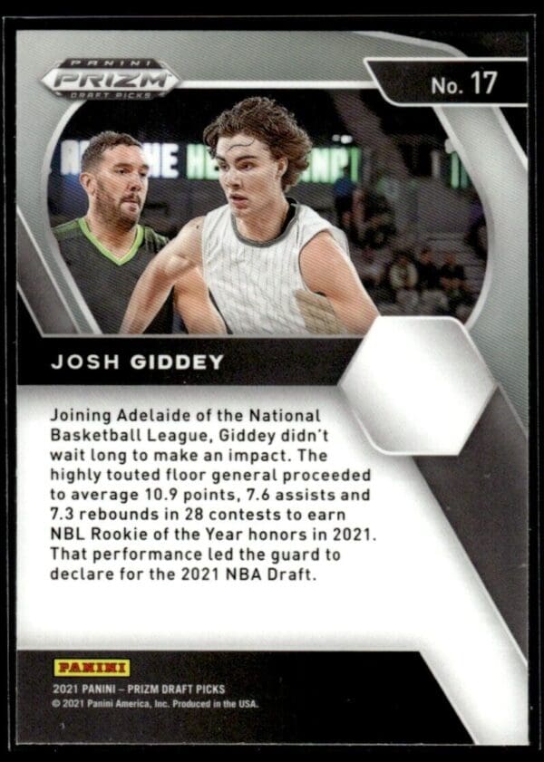 2021 Panini Prizm Draft Picks Adelaide 36ers #17 Josh Giddey RC Rookie