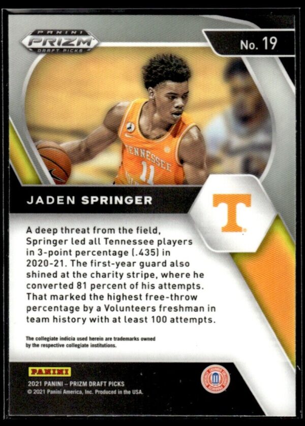 _10 2021 Panini Prizm Draft Picks Tennessee Volunteers #19 Jaden Springer RC Rookie