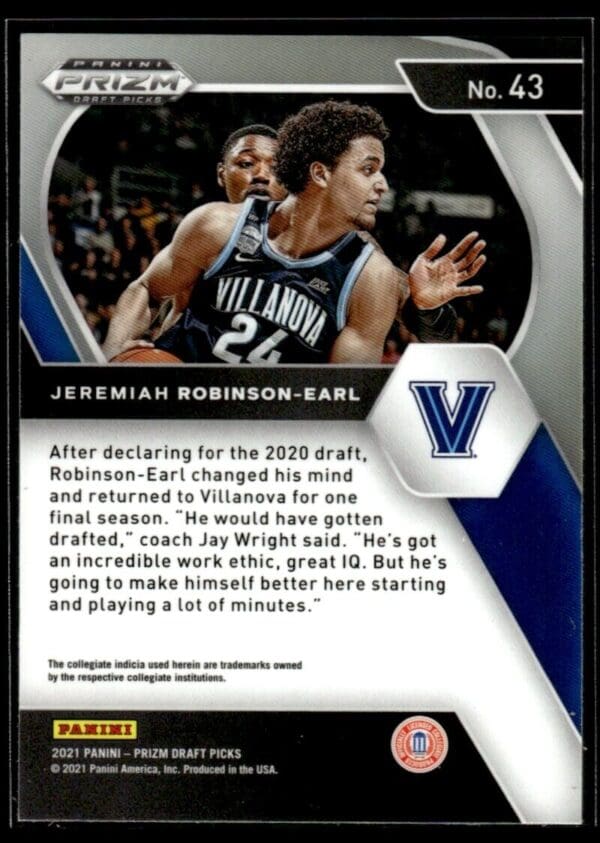 2021 Panini Prizm Draft Picks Villanova Wildcats #43 Jeremiah Robinson-Earl RC
