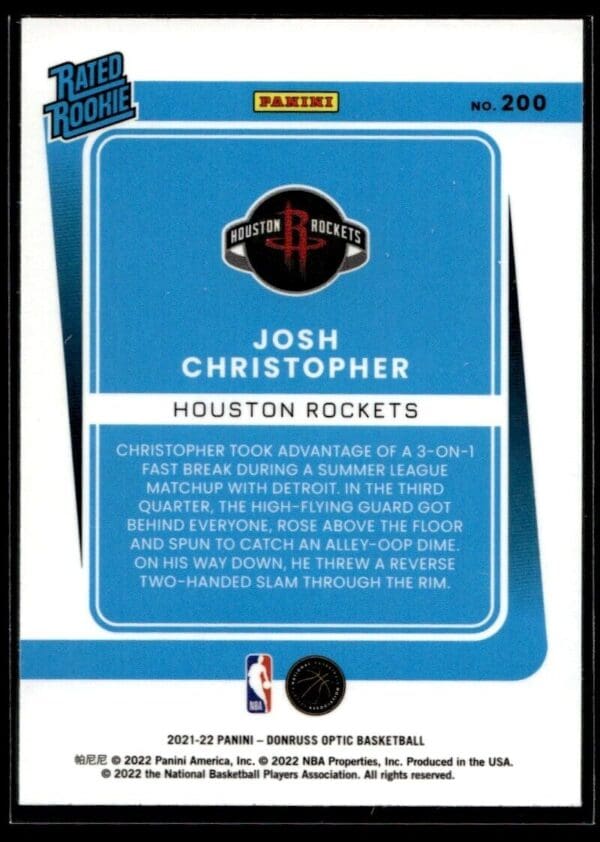 _10 2021 Donruss Optic Houston Rockets #200 Josh Christopher RC Rookie