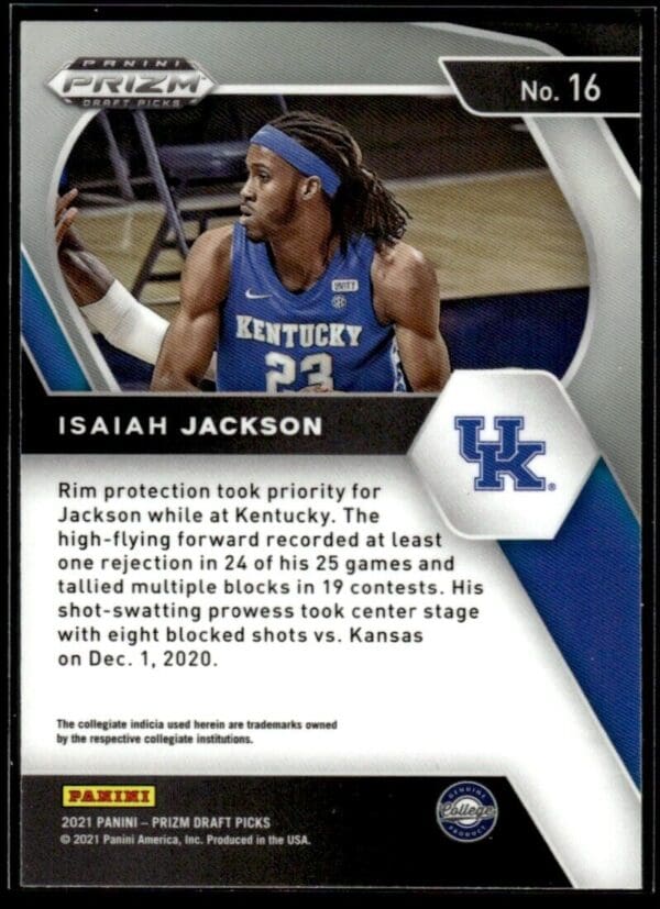 2021 Panini Prizm Draft Picks Kentucky Wildcats #16 Isaiah Jackson RC Rookie