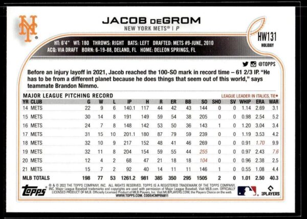_10 2022 Topps Holiday New York Mets #HW131 Jacob deGrom