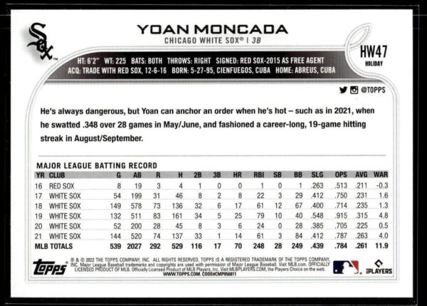 _10 2022 Topps Holiday Chicago White Sox #HW47 Yoan Moncada
