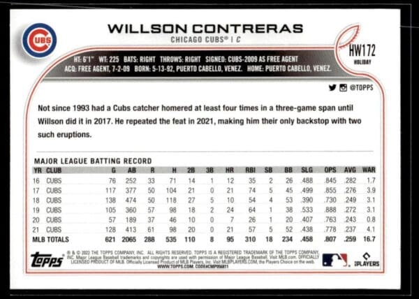 _10 2022 Topps Holiday Chicago Cubs #HW172 Willson Contreras