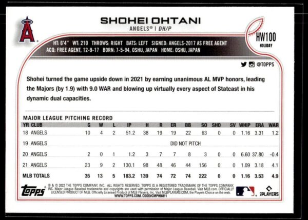 2022 Topps Holiday Los Angeles Angels #HW100 Shohei Ohtani