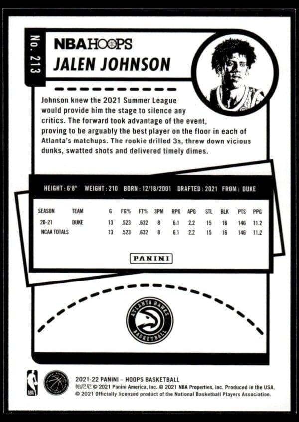 2021 NBA Hoops Winter Edition Atlanta Hawks #213 Jalen Johnson RC Rookie