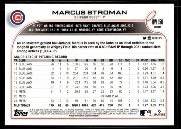 2022 Topps Holiday Chicago Cubs #HW156 Marcus Stroman