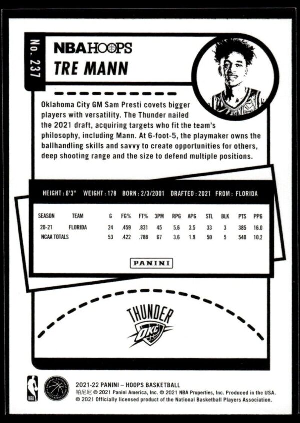 2021 NBA Hoops Winter Edition Oklahoma City Thunder #237 Tre Mann RC Rookie