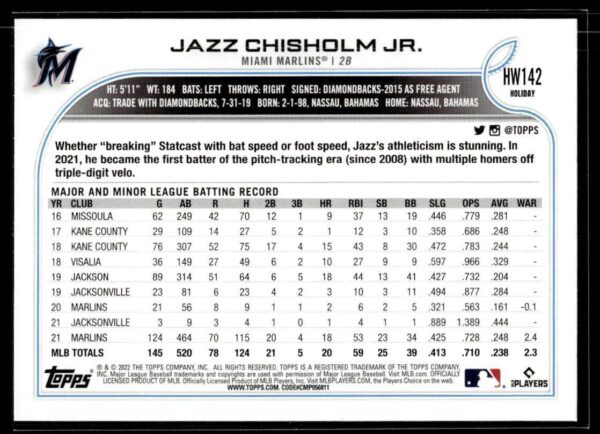_10 2022 Topps Holiday Miami Marlins #HW142 Jazz Chisholm Jr.