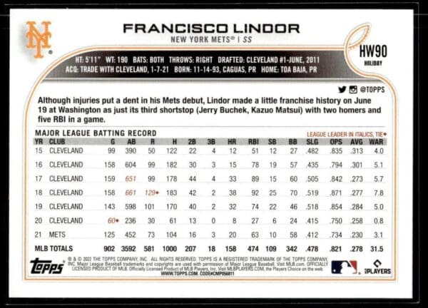 _10 2022 Topps Holiday New York Mets #HW90 Francisco Lindor