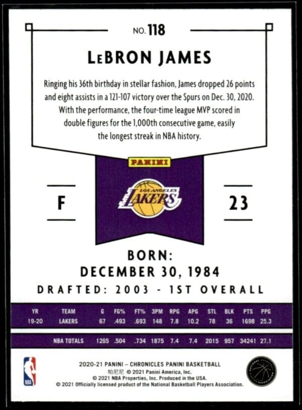 2020 Panini Chronicles Los Angeles Lakers #118 LeBron James