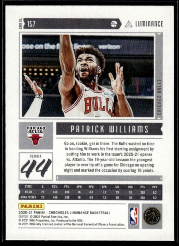 _10 2020 Panini Chronicles Luminance Chicago Bulls #157 Patrick Williams RC Rookie