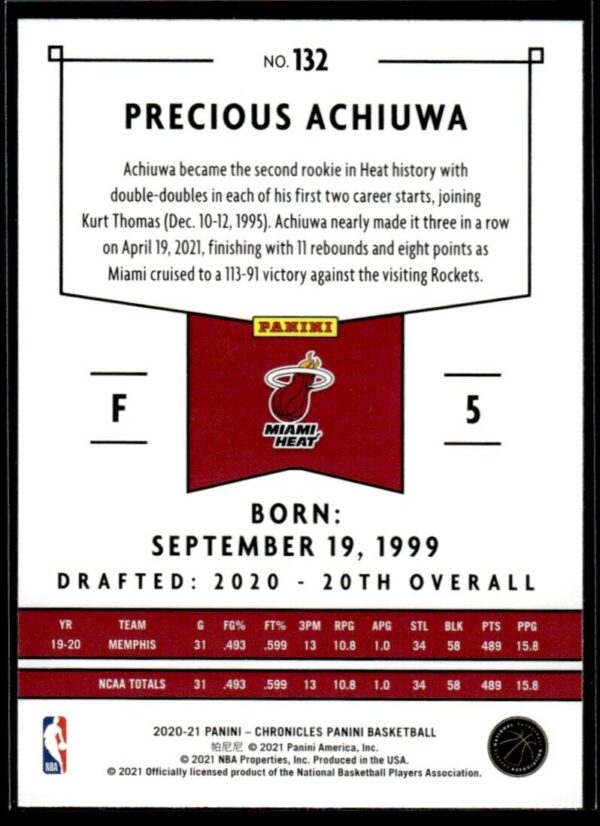 2020 Panini Chronicles Miami Heat #132 Precious Achiuwa