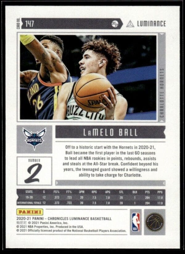 2020 Panini Chronicles Luminance Charlotte Hornets #147 LaMelo Ball RC Rookie