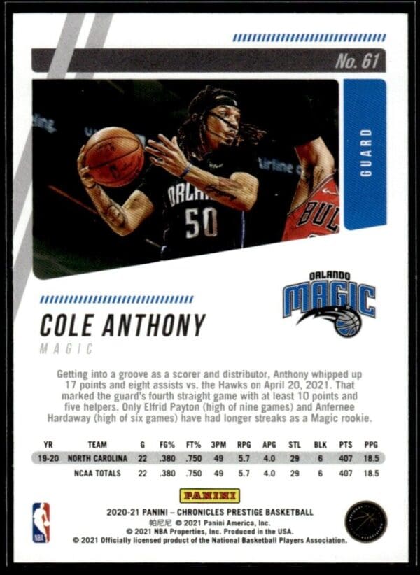 _10 2020 Panini Chronicles Prestige Orlando Magic #61 Cole Anthony