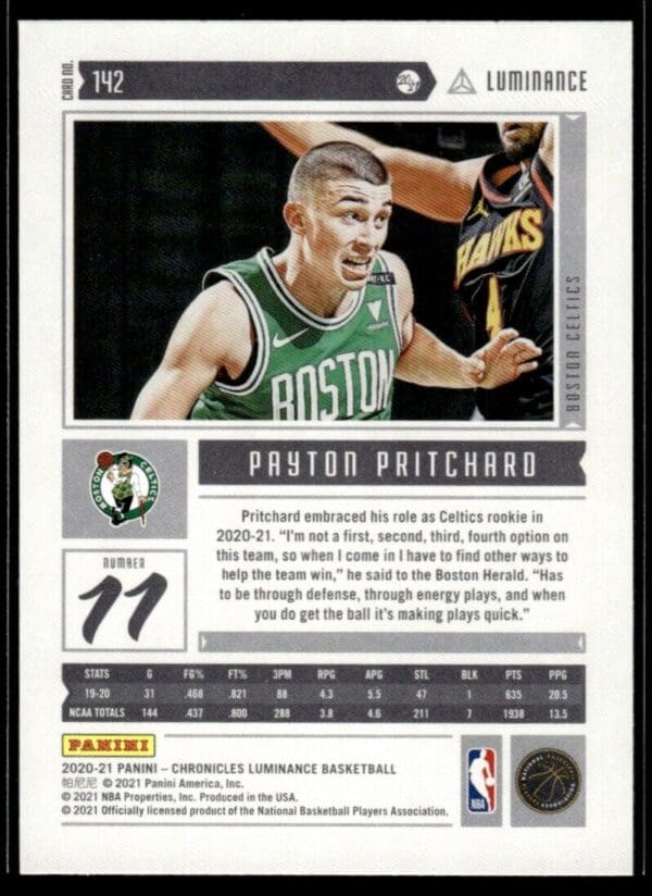 2020 Panini Chronicles Luminance Boston Celtics #142 Payton Pritchard RC Rookie