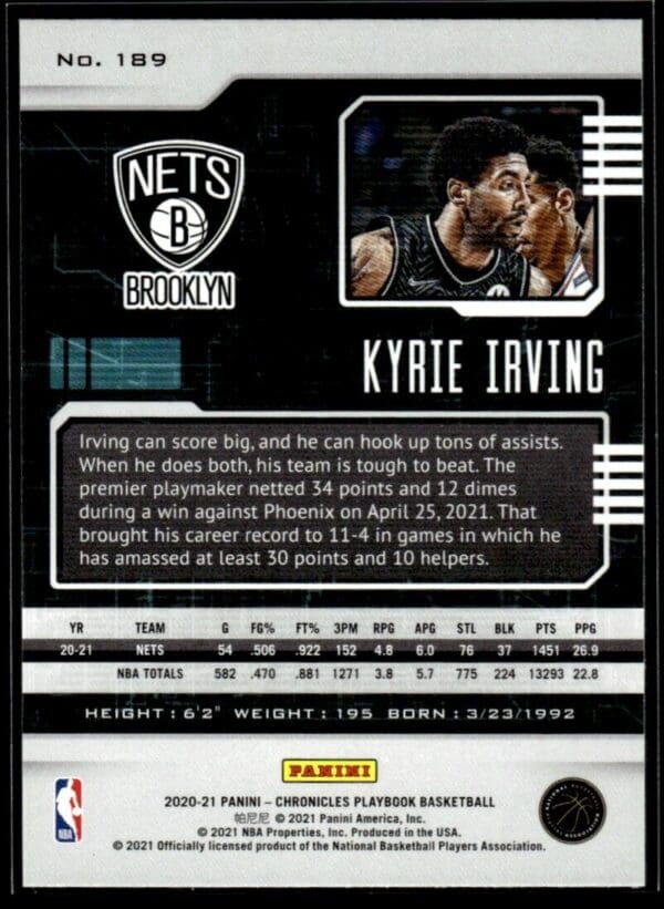 2020 Panini Chronicles Playbook Brooklyn Nets #189 Kyrie Irving