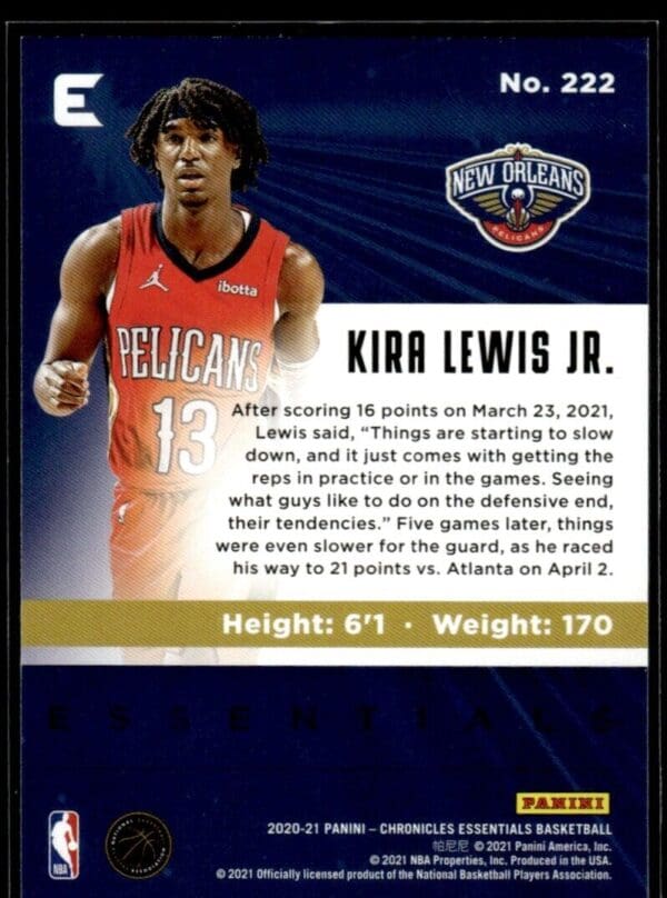 2020 Panini Chronicles Essentials New Orleans Pelicans #222 Kira Lewis Jr.