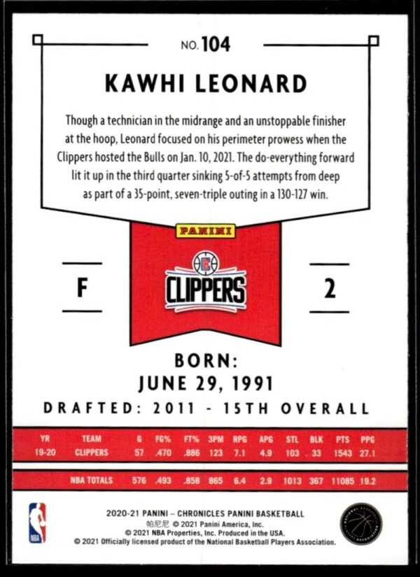 2020 Panini Chronicles Los Angeles Clippers #104 Kawhi Leonard Pink
