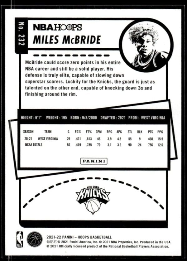 2021 NBA Hoops Winter Edition New York Knicks #232 Miles McBride RC Rookie