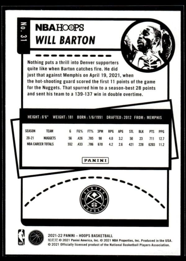 2021 NBA Hoops Winter Edition Denver Nuggets #31 Will Barton