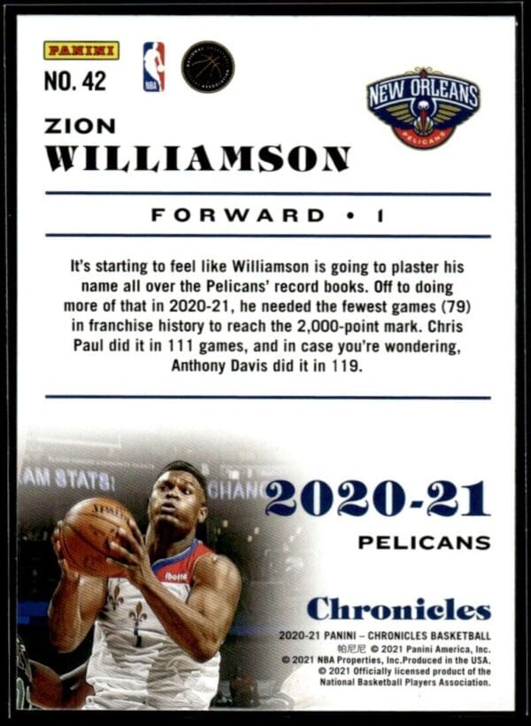 2020 Panini Chronicles New Orleans Pelicans #42 Zion Williamson