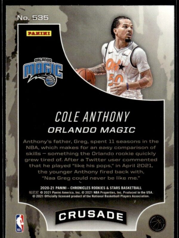 _10 2020 Panini Chronicles Rookies & Stars Orlando Magic #535 Cole Anthony RC Rookie