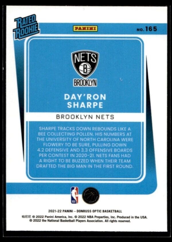 _10 2021 Donruss Optic Brooklyn Nets #165 Day'Ron Sharpe RC Rookie
