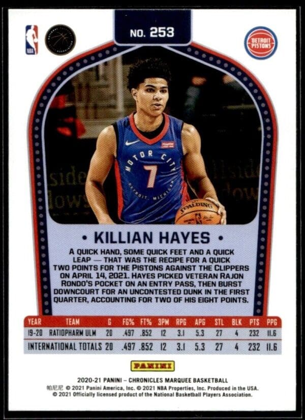 _10 2020-21 Panini Chronicles Marquee Killian Hayes Rookie Detroit Pistons #253