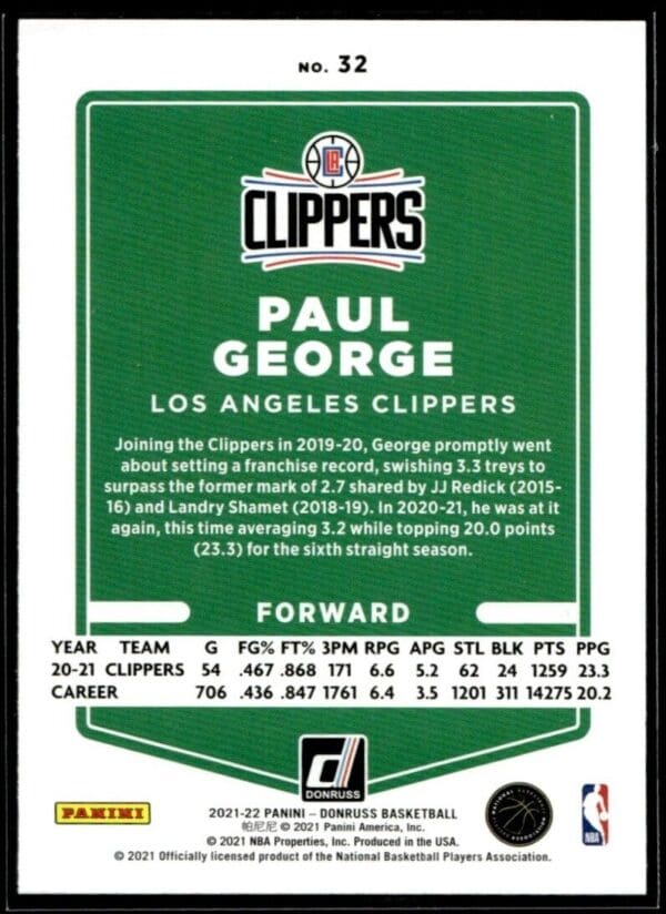 2021-22 Donruss Optic Paul George Los Angeles Clippers #32