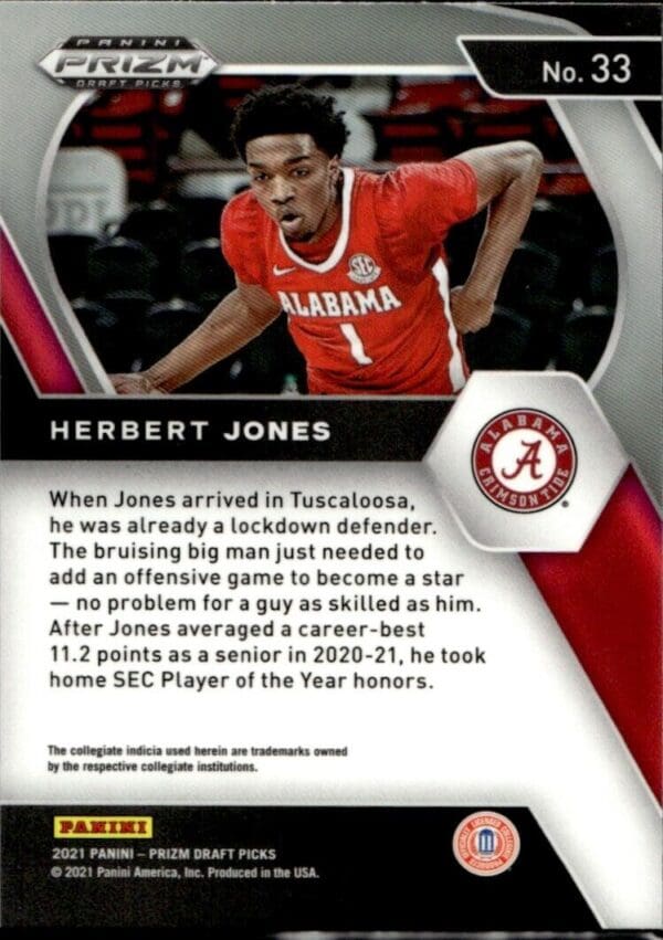 2021-22 Panini Prizm Draft Picks Herbert Jones Alabama Crimson Tide #33