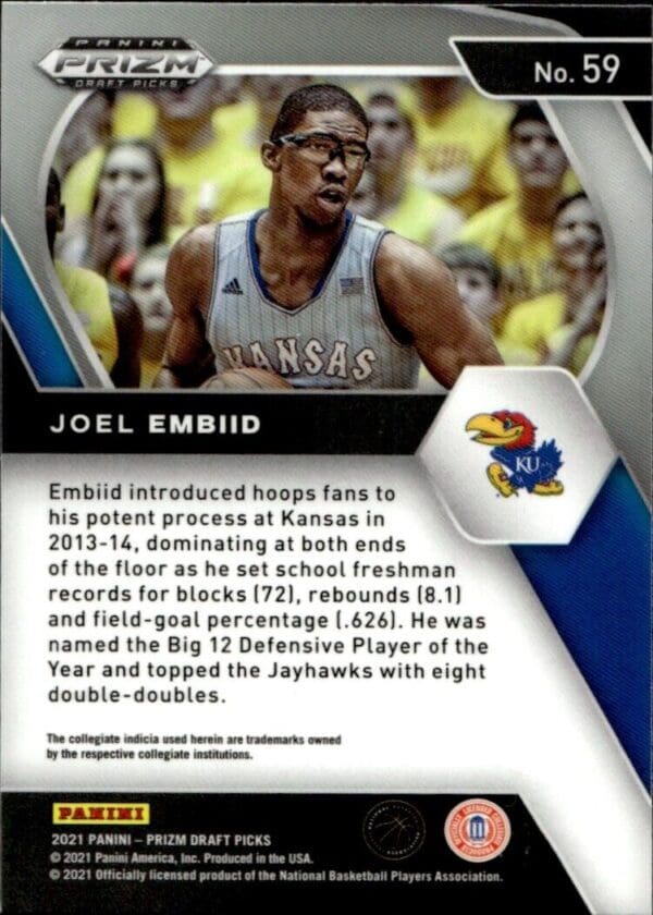 2021-22 Panini Prizm Draft Picks Joel Embiid Kansas Jayhawks #59