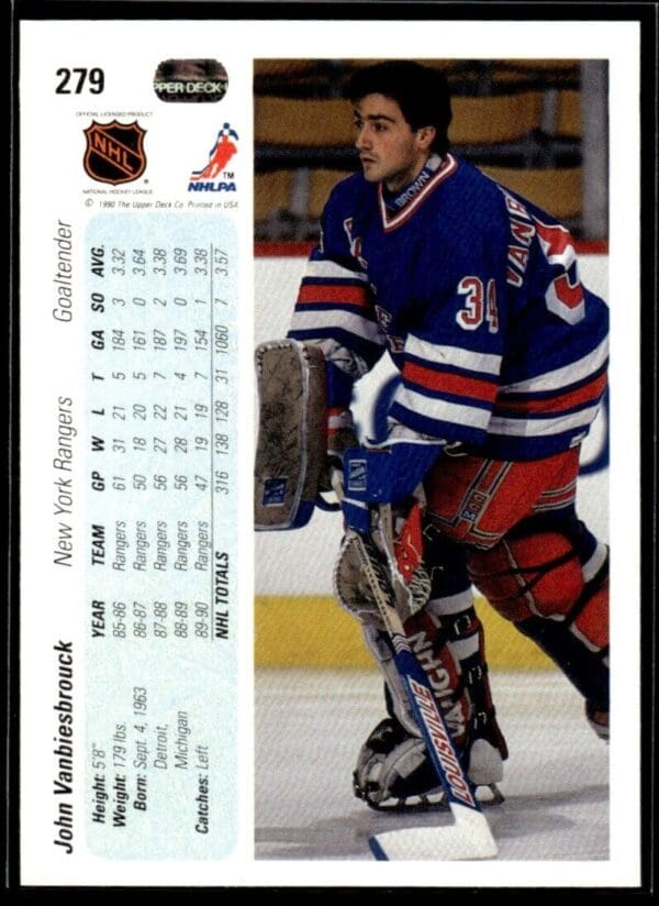 1990 Upper Deck New York Rangers #279 John Vanbiesbrouck