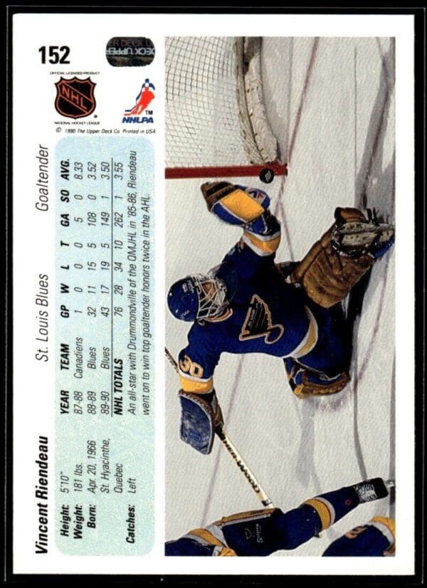 _10 1990 Upper Deck St. Louis Blues #152 Vincent Riendeau RC Rookie