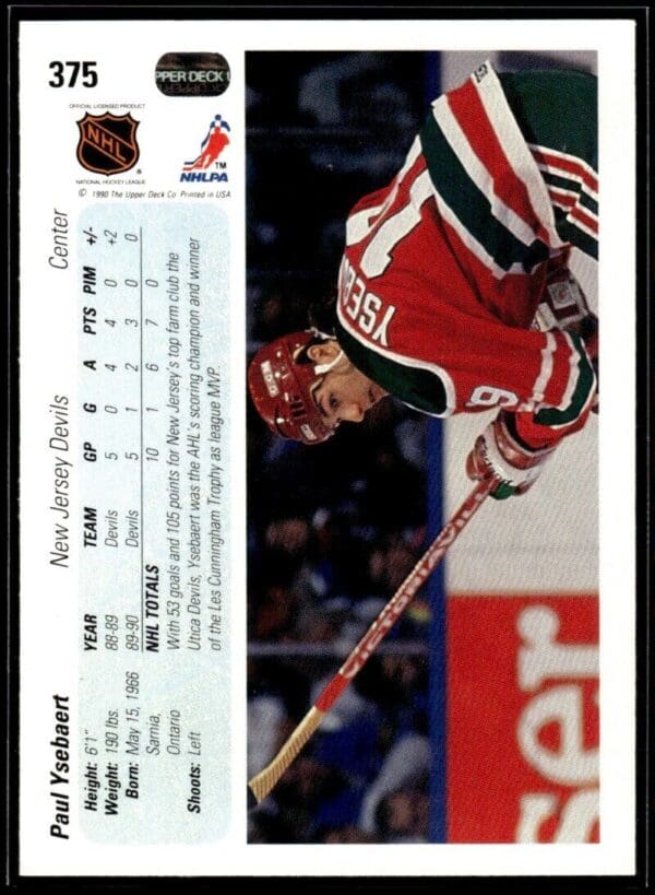 1990 Upper Deck New Jersey Devils #375 Paul Ysebaert RC Rookie