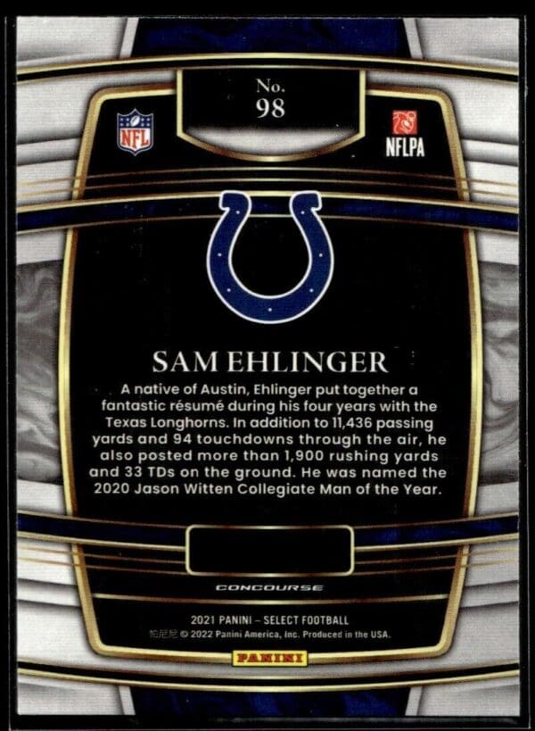 2021 Panini Select Sam Ehlinger Rookie Indianapolis Colts #98