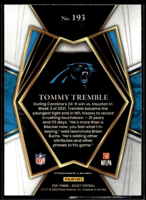 _10 2021 Panini Select Tommy Tremble Rookie Carolina Panthers #193