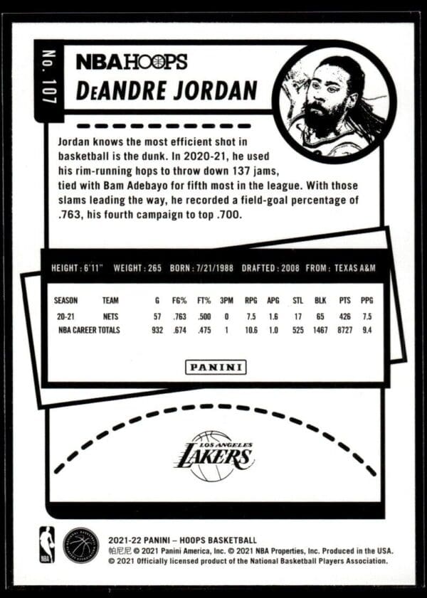 2021 NBA Hoops Winter Edition Los Angeles Lakers #107 DeAndre Jordan